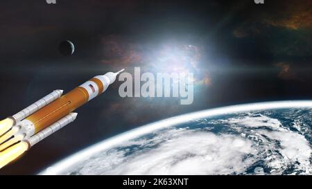 Orion-Raumschiff nimmt Mission vom Erdplaneten auf. Artemis-Weltraumprogramm. Elemente dieses Bildes, die von der NASA eingerichtet wurden. Stockfoto