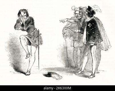 Illustration von Kenny Meadows To Much Ado About Nothing, von William Shakespeare. Benedick, der an Zahnschmerzen leidet, wird von seinen Freunden verhöhnt. Datum: 1840 Stockfoto