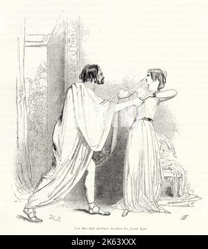 Illustration von Kenny Meadows an Cymbeline, von William Shakespeare. Die italienische Besucherin, Iachimo, versucht Imogen zu verführen, indem sie andeutet, dass ihr Mann Posthumus ihr untreu ist, aber sie widersetzt sich ihm. Stockfoto