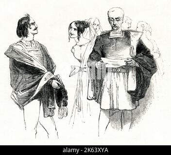 Illustration von Kenny Meadows To Much Ado About Nothing, von William Shakespeare. Beatrice scherzt mit einem Messenger über Benedicks Erfolg in einem Krieg der letzten Zeit, während ihr Onkel Leonato einen Brief liest. Datum: 1840 Stockfoto