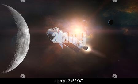 Explorationsmission des Raumschiffs Orion. Weiter in den tiefen Weltraum drängen. Elemente dieses Bildes, die von der NASA eingerichtet wurden. Stockfoto