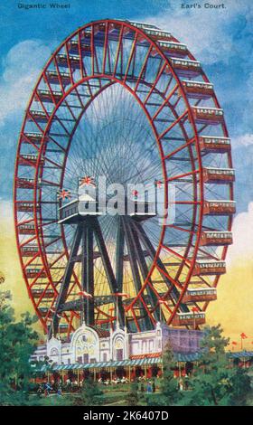 Das große Rad, auch als das Riesenrad bekannt, wurde für die Empire of India Exhibition am Earls Court gebaut - der Bau begann im März 1894 bei den Werken von Maudslay, Sons and Field in Greenwich und wurde am 17. Juli 1895 der Öffentlichkeit zugänglich gemacht. Es blieb bis 1906 in Betrieb und wurde 1907 abgerissen. Stockfoto