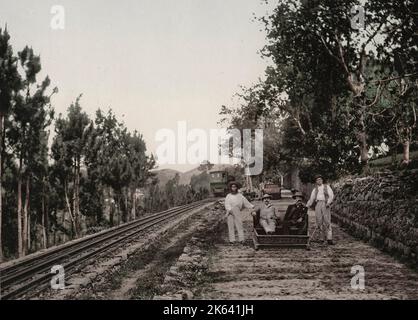 Touristen, die auf einem Schlitten, Madeira, gezogen werden. Vintage 19. Jahrhundert Foto. Stockfoto