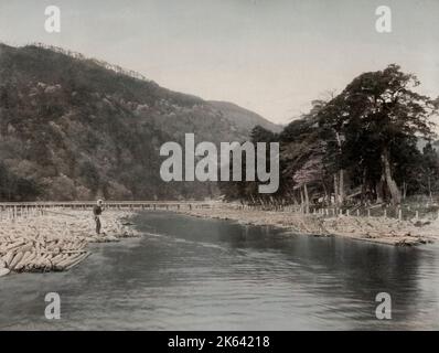 Togetsukyo-Brücke Arashiyama Kyoto Japan. Vintage 19. Jahrhundert Foto. Stockfoto