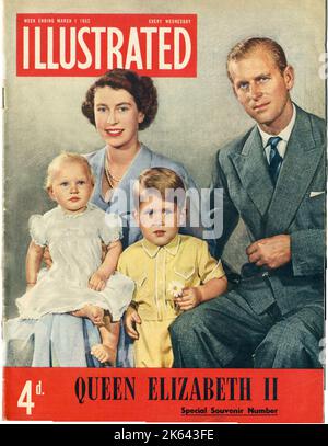 Titelseite des illustrierten Magazins, eine besondere Souvenirausgabe, mit einem Porträt von Königin Elizabeth II. Mit Prinz Philip, Herzog von Edinburgh, Prinz Charles und Prinzessin Anne. Stockfoto