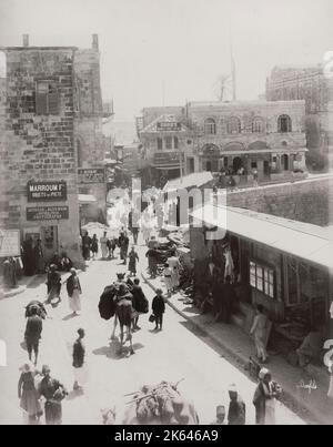 19. Jahrhundert Vintage-Foto: Straße zum Jaffa-Tor, Jerusalem, Palästina, modernes Israel. Stockfoto