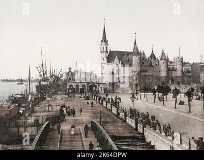 Oldtimer-Fotografie aus dem 19. Jahrhundert: Antwerpen; die Hafenstadt am Â BelgiumÃ¢Â der Schelde Het Steen ist eine mittelalterliche Festung in der Altstadt von Antwerpen. Stockfoto