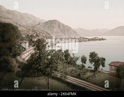 Vintage 19. Jahrhundert Foto: Menaggio ist eine Stadt und Gemeinde in der Provinz Como, Lombardei, Norditalien, am westlichen Ufer des Comer Sees an der Mündung des Flusses Senagra. Stockfoto