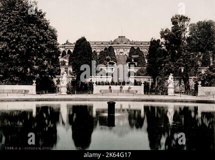 Jahrgang 19. Jahrhundert / 1900 Foto: Sanssouci, ein historisches Gebäude in Potsdam, bei Berlin. Erbaut von Friedrich dem Großen, König von Preußen, als Sommerpalast. Stockfoto