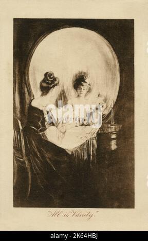 Alles ist Vanity (1892) - ein Andenken Mori oder Vanitas Trompe l'oeil optische Illusion einer Frau an ihrem Frisiertisch, die sich als menschlicher Schädel verdoppelt. Stockfoto