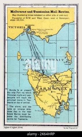 Detaillierte Karte mit Melbourne und Tasmanian Mail Routes über die Bass Strait von Melbourne, Victoria nach Burnie, Tasmanien - Australien. Stockfoto