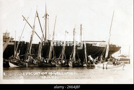 Die Evakuierung der Griechen aus Gallipoli, Türkei - 18. November 1922. Kleine Boote beladen mit Flüchtlingen gegen einen größeren griechischen Dampfer, eines der letzten Boote, die Gallipoli verlassen haben. Stockfoto