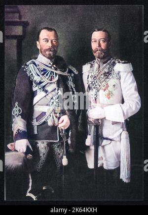 KÖNIG GEORG V. VON ENGLAND mit Zar Nikolaus II. Von Russland in voller Militärkleidung Datum: 1865 - 1936 Stockfoto