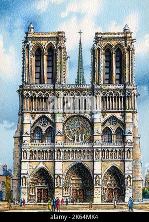 Türme an der Westfassade (1220-1250) der Kathedrale Notre-Dame de Paris, Ile de la Cite, Paris, Frankreich. Stockfoto