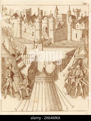 Richard Beauchamp, Earl of Warwick, kniet vor König Heinrich V. von England (links); Beauchamp steht in seinem Zelt (rechts); im Hintergrund ein Blick auf die Stadt Rouen, Frankreich. Stockfoto