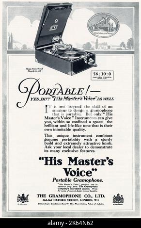 Werbung für robustes tragbares Grammophon für „His Master's Voice“-Produkte. Datum: 1925 Stockfoto