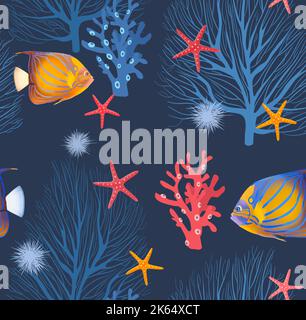 Schöne nahtlose Muster unter Wasser mit Aquarell Meerleben bunte Korallen und Fische. Abbildung auf blauem Hintergrund Stockfoto