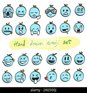 Blauer Emoji Set Illustration Vektor von Hand gezeichnet isoliert auf weißem Hintergrund Stock Vektor