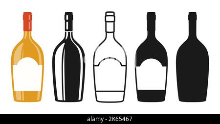 Weinflasche und leeres Etikettenset, Silhouette, Ikone, Stempelgravur. Alkoholische Getränke Sekt Champagner Likör. Feier Weinherstellung Werbung Flaschen Mockup für Bar, Restaurant Stock Vektor