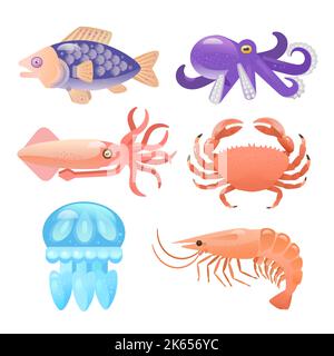 Set von Meerestieren. Fisch, Krabben, Weichtiere und Garnelen. Unterwasserwesen. Detailreiche Vektor-Clip-Kunst von Meernahrung im Cartoon-Stil. Stock Vektor