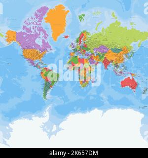 Politische detaillierte Weltkarte Mercator Projektion Stock Vektor