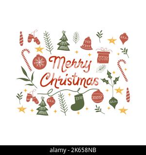 Christmas Label und Retro Christmas Badge Vektor Design. Dekorationselemente, Symbole, Symbole, Rahmen, Ornamente und Ribbons, Sichtbar. Frohe Weihnachten Stock Vektor