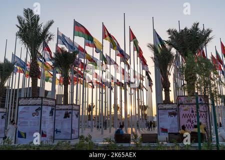 Die Flag Plaza zeigt 119 Flaggen aus Ländern mit zugelassenen diplomatischen Missionen, darunter Flaggen der Europäischen Union, der Vereinten Nationen und des GCC. Stockfoto