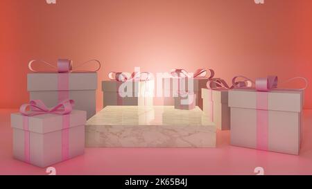 Podium, Produktstand. Mock up auf einem rosa Hintergrund Textur Hintergrund ideale Kulisse für Produktpräsentationen Stockfoto