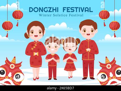 Dongzhi oder Winter Solstice Festival Vorlage Handgezeichnete Cartoon flache Illustration mit Familie genießen chinesisches Essen Tangyuan und Jiaozi Konzept Stock Vektor