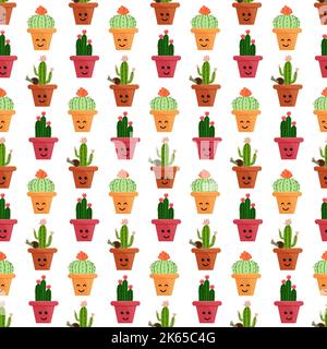Niedliche und lustige Kakteen in Tontöpfen. Nahtloses Muster. Vektordarstellung auf weißem Hintergrund isoliert. Stock Vektor