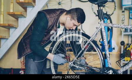 Erfahrener Servicetechniker in Handschuhen montiert das Hinterrad der Fahrradeinstellung während der Wartung des Fahrzeugs am Arbeitsplatz. Professionelle Instrumente, Ersatzteile und Geräte sind sichtbar. Stockfoto