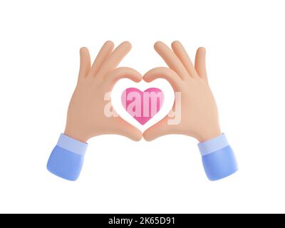 3D Render Hände mit rosa Herz innerhalb der Finger Rahmen. Gestendesign für valentinstag, ehrenamtliche Nächstenliebe, Liebe, Sympathie oder wie isoliert Illustration auf weißem Hintergrund in Cartoon-Kunststoff-Stil Stockfoto