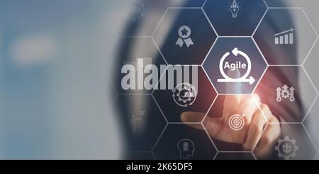 Agiles Management, die Prinzipien der agilen Softwareentwicklung und Lean Management zu verschiedenen Managementprozessen, Produktentwicklungszyklus und Stockfoto