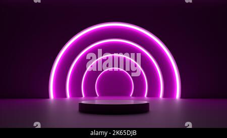 Purple neon product Podium 3D Render, abstraktes Konzept für Produktpräsentation, leere Bühne für Produktpräsentation Stockfoto