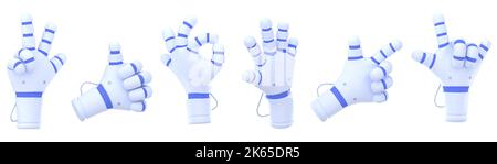 Robot Hands 3D Render, Chatbot Hands Gesten und Körpersprache Symbole Sieg, Daumen hoch, ok, Rock Zeichen. Futuristische blaue und weiße Arme mit isolierten Drähten Illustration im Cartoon-Kunststoff-Stil Stockfoto