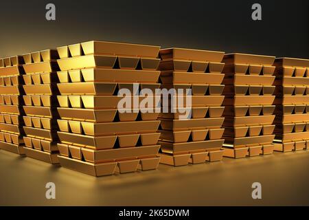 Stapel von Goldbarren. Viele Goldbarren sind in ordentlichen Stapeln in einem Bankgewölbe gestapelt, Abbildung 3D. Stockfoto