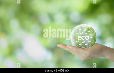 Umweltfreundliches, umweltfreundliches Unternehmenskulturkonzept. CO2-neutrales und Netto-Nullziel. Nachhaltige Umwelt und nachhaltiges Wirtschaften. Soziale Verantwortung. Umweltfreundlichkeit Stockfoto