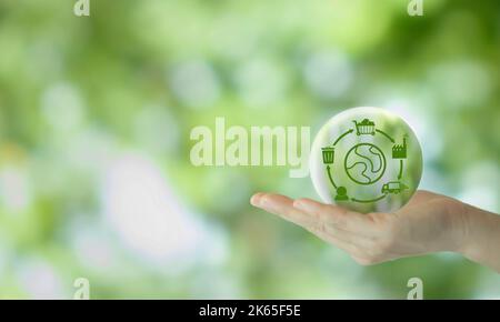 Geschäftliche Wertschöpfungskette und Nachhaltigkeit. Ökobilanz, Ökobilanz . Positive Umweltauswirkungen auf die Wertschöpfungskette. Reduzierung der CO2-Bilanz Stockfoto