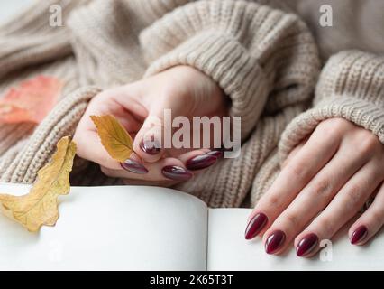 Schöne Hände einer jungen Frau mit dunkelroter Maniküre auf den Nägeln. Herbstkonzept. Hände eines Mädchens in einem warmen braunen Pullover, die durch ein Buch blättern Stockfoto