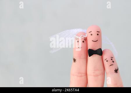 Finger Kunst des glücklichen Paares zu heiraten. Konzept von Stiefsohn vs Hochzeit. Stockfoto