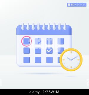Kalender- und Uhrensymbole. Plan-, Erinnerungs- oder Veranstaltungsplanungskonzept. 3D Vektor isoliertes Illustrationsdesign. Cartoon Pastell Minimal Stock Vektor