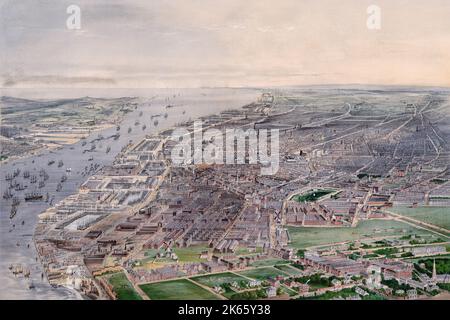 Eine Luftaufnahme von Liverpool im Jahr 1859, die die Waterfront mit dem neu erbauten Albert Dock vor dem Fluss Mersey und dem westlichen Ende der Wirral Halbinsel zeigt. Erstellt von John R. Isaac, Zeichner und Lithograph. Stockfoto