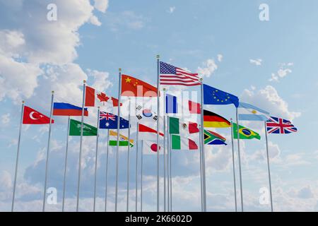 Flaggengipfel G20 Seidenschwingende Flaggen Mitgliedsländer Gruppe von zwanzig politischen 2022 Weltführern Einheit Treffen G 20 Organisation mit Fahnenmast auf b Stockfoto