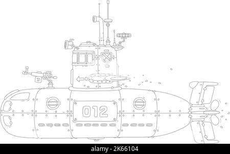 Marine-U-Boot mit einem Periskop ausgestattet, mit Torpedos und Gewehren bewaffnet, auf Kampfpatrouille im Ozean Stock Vektor