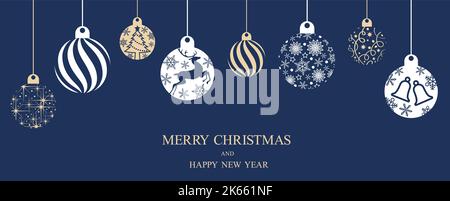 Vektor Blau Flache Hintergrund Illustration Mit Weihnachtskugeln Und Text Raum. Stock Vektor