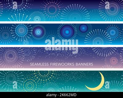 Seamless Vector Fireworks Hintergrund Illustration Set. Horizontal Wiederholbar. Stock Vektor