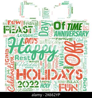 Große Wortwolke in Form von Gegenwart mit Worten Happy Holidays. Die Begrüßung erkannte früher die Feier vieler Feiertage an Stock Vektor