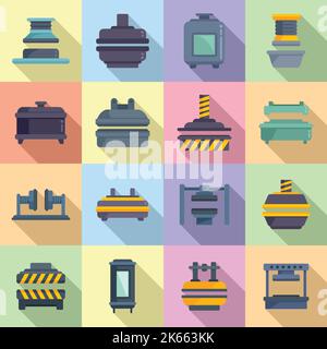Drücken Sie die Symbole der Formularmaschinen, um einen flachen Vektor festzulegen. Herstellung von Formationen. Action-Ausrüstung Stock Vektor
