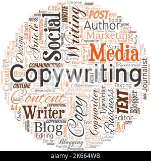 Große Wortwolke in Form eines Kreises mit Wort-Copywriting. Schreiben des Textes von Werbung oder Werbematerial Stock Vektor