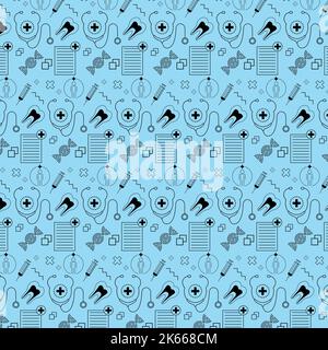 Medizinisches Muster mit dna-Spritze Zahn humanes Stethoskop Dokument Kreuz Stock Vektor